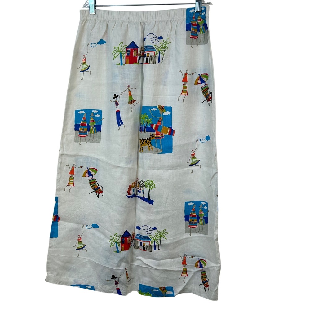 Hot Cotton by Marc Ware Linen Maxi Skirt L White Beach Novelty Print Made in USA